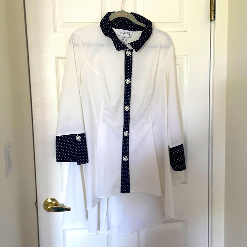 White and Black Polka Dot Trimmed Stretchy Blouse